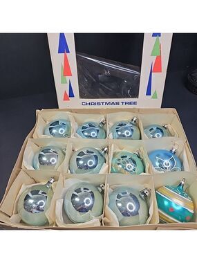 Poland Santa Land 1950s 1960s 12pcs Christmas Ornaments Blue Glass With BOX READ